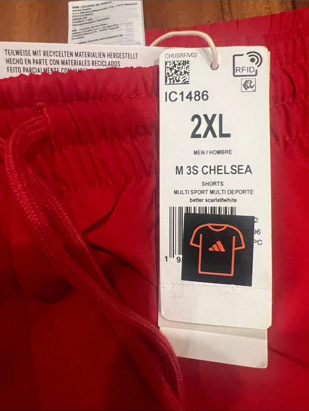 Adidas Red Men’s Chelsea Athletic Shorts with White Stripe Accents